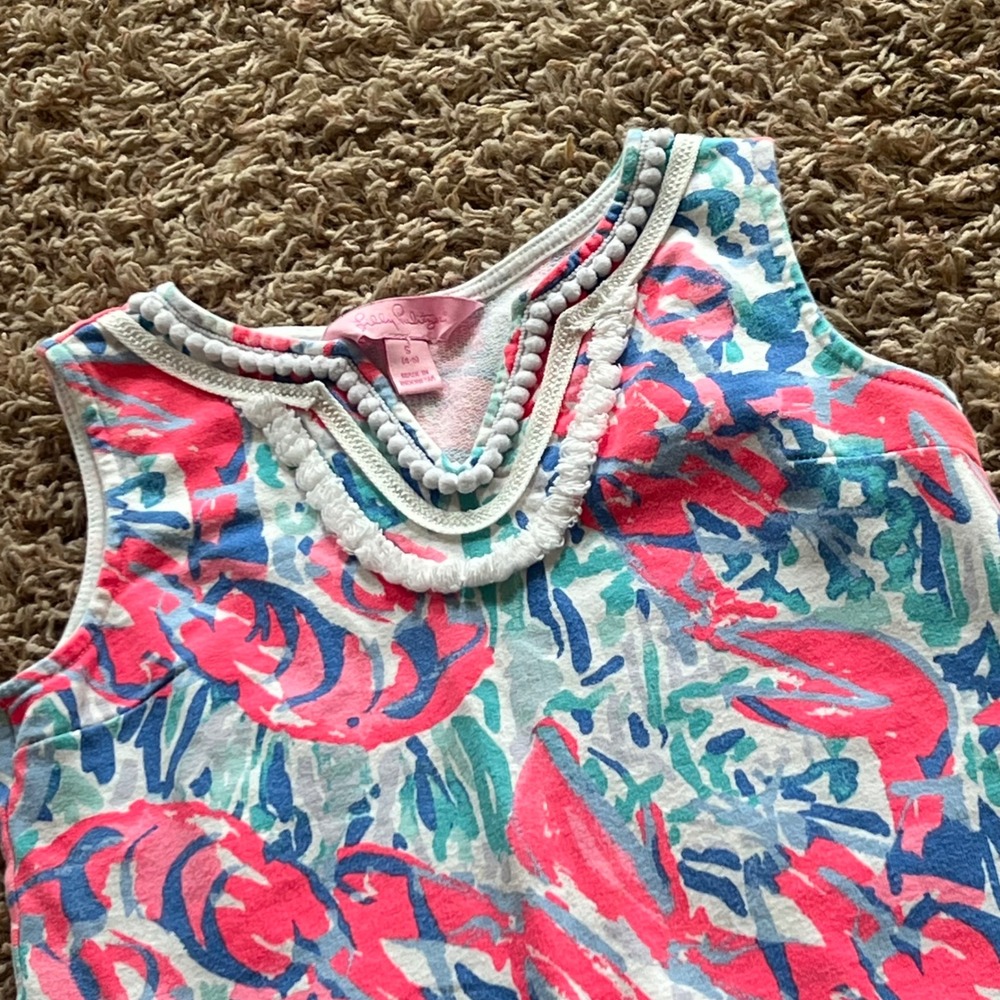 Lilly‎ Pulitzer Girls Pink Blue Lobster Print Pom Pom Shift Dress Size S 4-5Y